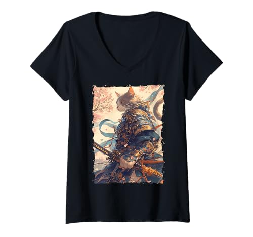 Damen Samurai-Katze - Japanischer Krieger Katana T-Shirt mit V-Ausschnitt Damen Samurai-Katze - Japanischer Krieger Katana T-Shirt mit V-Ausschnitt von Ronin Anime Ninja - Animal Geschenk