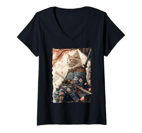 Damen Samurai-Katze - Japanischer Krieger Katana T-Shirt mit V-Ausschnitt Damen Samurai-Katze - Japanischer Krieger Katana T-Shirt mit V-Ausschnitt von Ronin Anime Ninja - Animal Geschenk