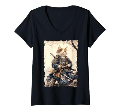 Damen Samurai-Katze - Japanischer Krieger Katana T-Shirt mit V-Ausschnitt Damen Samurai-Katze - Japanischer Krieger Katana T-Shirt mit V-Ausschnitt von Ronin Anime Ninja - Animal Geschenk