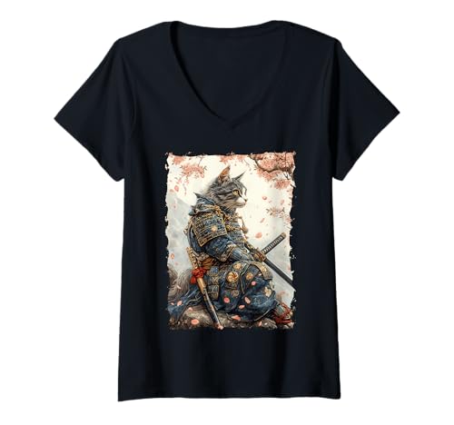 Damen Samurai-Katze - Japanischer Krieger Katana T-Shirt mit V-Ausschnitt Damen Samurai-Katze - Japanischer Krieger Katana T-Shirt mit V-Ausschnitt von Ronin Anime Ninja - Animal Geschenk