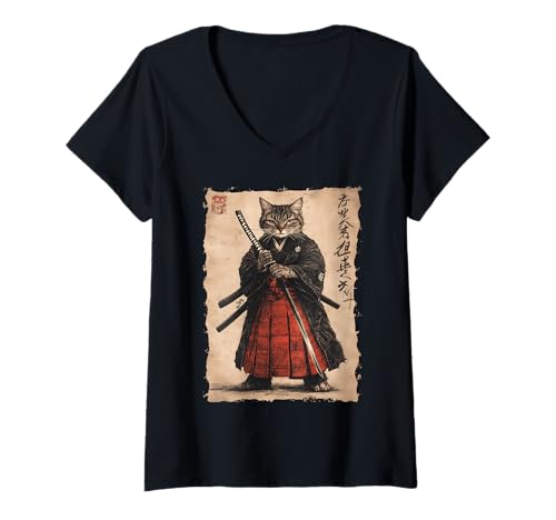 Damen Samurai-Katze Kanji - Japanischer Krieger Katana T-Shirt mit V-Ausschnitt Damen Samurai-Katze Kanji - Japanischer Krieger Katana T-Shirt mit V-Ausschnitt von Ronin Anime Ninja - Animal Geschenk