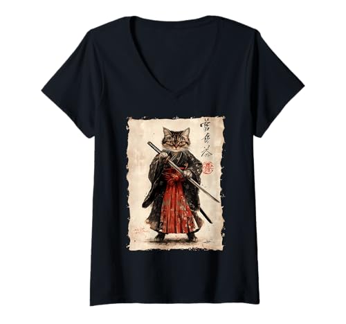 Damen Samurai-Katze Kanji - Japanischer Krieger Katana T-Shirt mit V-Ausschnitt Damen Samurai-Katze Kanji - Japanischer Krieger Katana T-Shirt mit V-Ausschnitt von Ronin Anime Ninja - Animal Geschenk