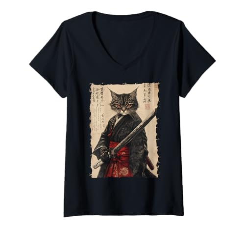 Damen Samurai-Katze Kanji - Japanischer Krieger Katana T-Shirt mit V-Ausschnitt Damen Samurai-Katze Kanji - Japanischer Krieger Katana T-Shirt mit V-Ausschnitt von Ronin Anime Ninja - Animal Geschenk