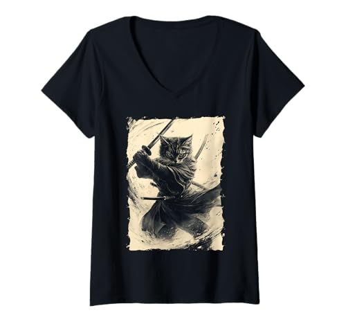 Damen Samurai-Katze - Japanischer Krieger Katana T-Shirt mit V-Ausschnitt von Ronin Anime Ninja - Animal Geschenke