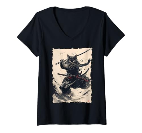 Damen Samurai-Katze - Japanischer Krieger Katana T-Shirt mit V-Ausschnitt von Ronin Anime Ninja - Animal Geschenke