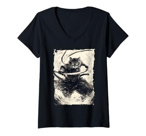 Damen Samurai-Katze - Japanischer Krieger Katana T-Shirt mit V-Ausschnitt von Ronin Anime Ninja - Animal Geschenke