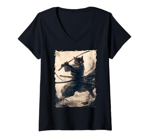 Damen Samurai-Katze - Japanischer Krieger Katana T-Shirt mit V-Ausschnitt von Ronin Anime Ninja - Animal Geschenke