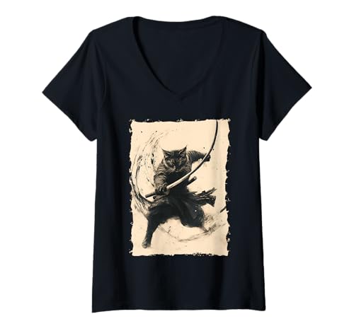 Damen Samurai-Katze - Japanischer Krieger Katana T-Shirt mit V-Ausschnitt von Ronin Anime Ninja - Animal Geschenke