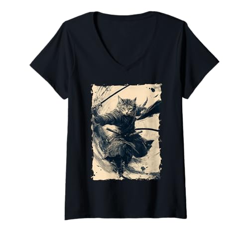 Damen Samurai-Katze - Japanischer Krieger Katana T-Shirt mit V-Ausschnitt von Ronin Anime Ninja - Animal Geschenke