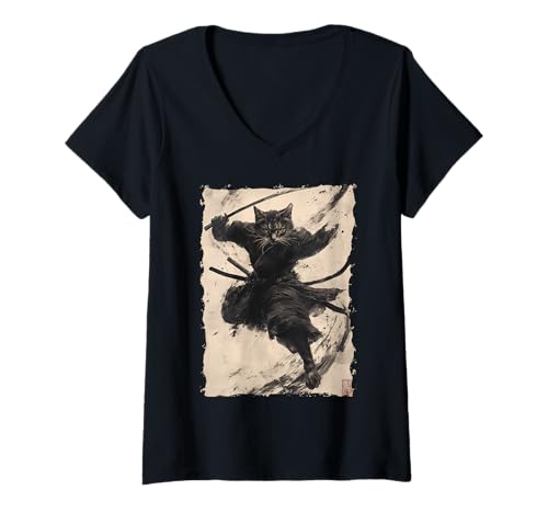 Damen Samurai-Katze - Japanischer Krieger Katana T-Shirt mit V-Ausschnitt von Ronin Anime Ninja - Animal Geschenke