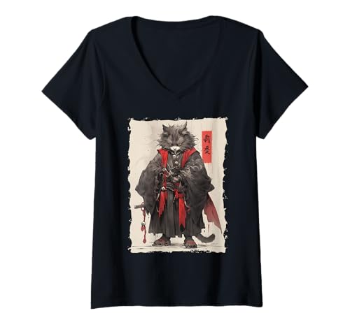 Damen Samurai-Katze - Japanischer Krieger Katana T-Shirt mit V-Ausschnitt von Ronin Anime Ninja - Kanji Animal Geschenke