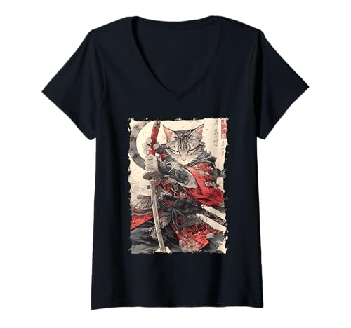 Damen Samurai-Katze - Japanischer Krieger Katana T-Shirt mit V-Ausschnitt von Ronin Anime Ninja - Kanji Animal Geschenke