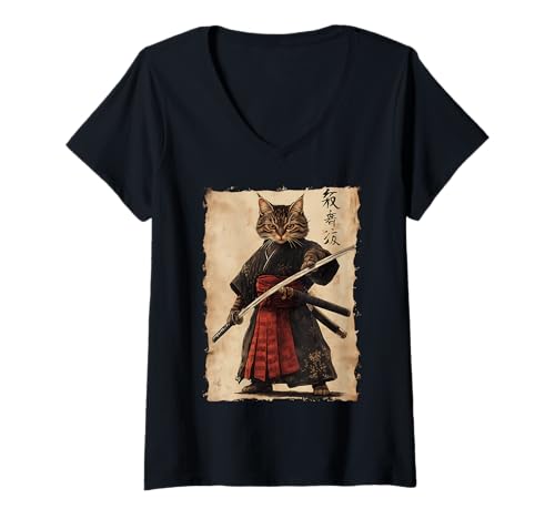 Damen Samurai-Katze - Japanischer Krieger Katana T-Shirt mit V-Ausschnitt von Ronin Anime Ninja - Kanji Animal Geschenke
