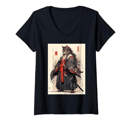 Damen Samurai-Katze - Japanischer Krieger Katana T-Shirt mit V-Ausschnitt von Ronin Anime Ninja - Kanji Animal Geschenke