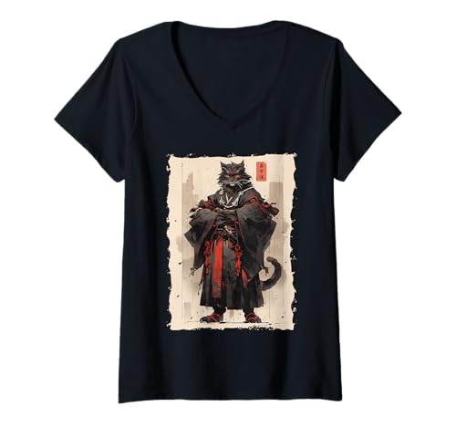 Damen Samurai-Katze - Japanischer Krieger Katana T-Shirt mit V-Ausschnitt von Ronin Anime Ninja - Kanji Animal Geschenke