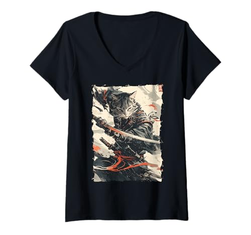 Damen Samurai-Katze - Japanischer Krieger Katana T-Shirt mit V-Ausschnitt von Ronin Anime Ninja - Kanji Animal Geschenke