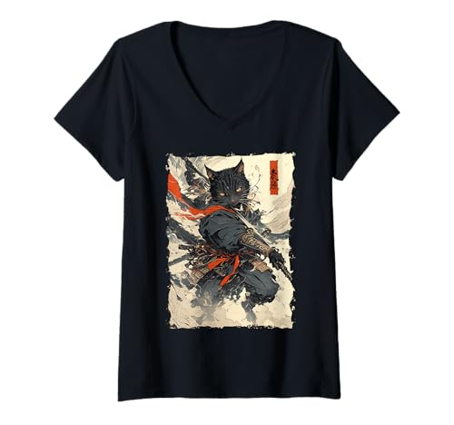 Damen Samurai-Katze - Japanischer Krieger Katana T-Shirt mit V-Ausschnitt von Ronin Anime Ninja - Kanji Animal Geschenke