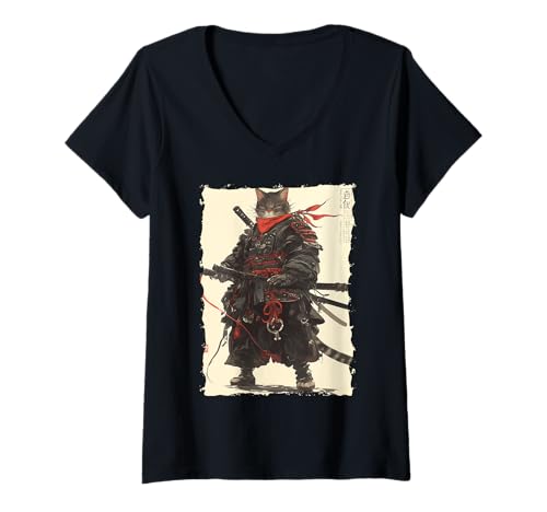 Damen Samurai-Katze - Japanischer Krieger Katana T-Shirt mit V-Ausschnitt von Ronin Anime Ninja - Kanji Animal Geschenke