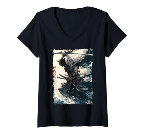 Damen Samurai-Katze - Japanischer Krieger Katana T-Shirt mit V-Ausschnitt von Ronin Anime Ninja - Kanji Animal Geschenke