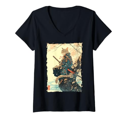 Damen Samurai-Katze - Japanischer Krieger Katana T-Shirt mit V-Ausschnitt von Ronin Anime Ninja - Kanji Animal Geschenke