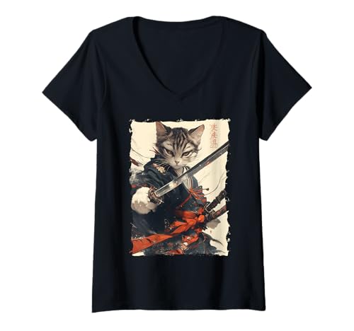 Damen Samurai-Katze - Japanischer Krieger Katana T-Shirt mit V-Ausschnitt von Ronin Anime Ninja - Kanji Animal Geschenke