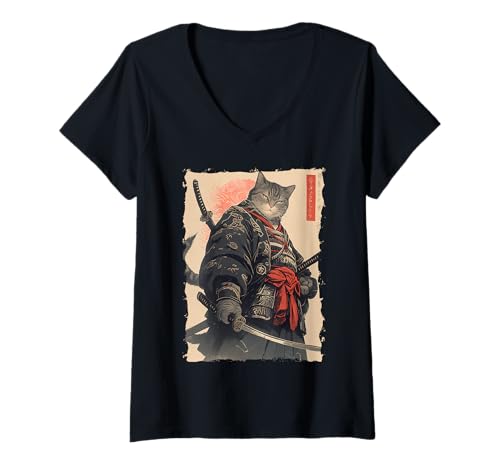 Damen Samurai-Katze - Japanischer Krieger Katana T-Shirt mit V-Ausschnitt von Ronin Anime Ninja - Kanji Animal Geschenke