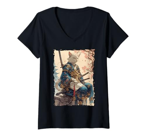 Damen Samurai-Katze - Japanischer Krieger Katana T-Shirt mit V-Ausschnitt von Ronin Anime Ninja - Kanji Animal Geschenke