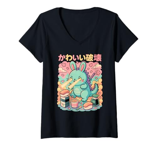 Damen Kawaii Kaiju Bunny Cute Anime Monster Sushi Ramen Japanisch T-Shirt mit V-Ausschnitt Damen Kawaii Kaiju Bunny Cute Anime Monster Sushi Ramen Japanisch T-Shirt mit V-Ausschnitt von Ronin Rebels Co