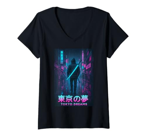 Damen Tokyo Dreams Samurai Japanische Cyberpunk-Streetwear T-Shirt mit V-Ausschnitt Damen Tokyo Dreams Samurai Japanische Cyberpunk-Streetwear T-Shirt mit V-Ausschnitt von Ronin Rebels Co