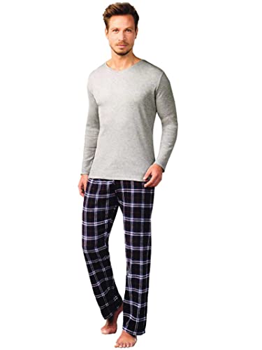 Ronley Herren Flanell Pyjama Schlafanzug Set Lang Oberteil + Lange Hose Weich Karo-Grau XL von Ronley