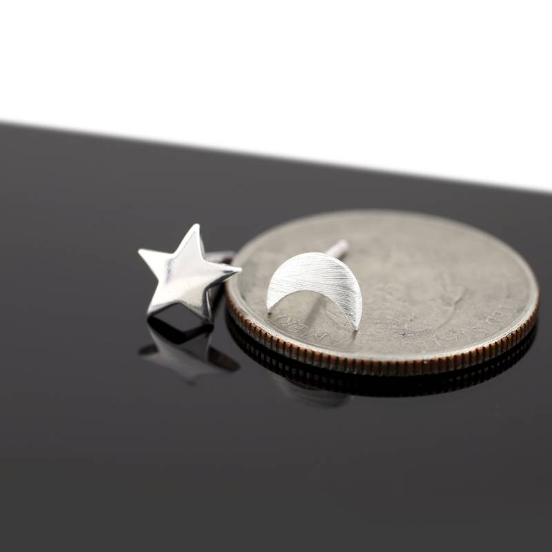 Sterling Silber Stern Und Mond Ohrstecker Gebürstet Matt Kleine von Ronnie7