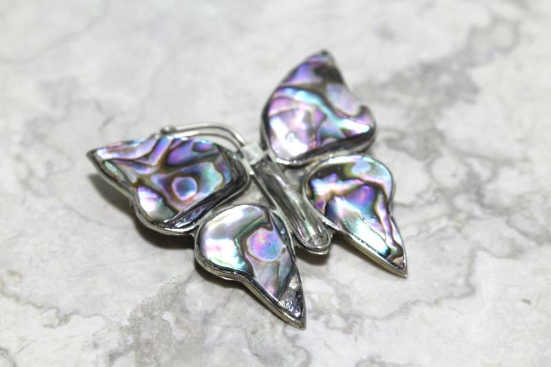 Vintage Alpaka Mexiko Schmetterling Brosche Pin Mit Abalone von Ronnie7