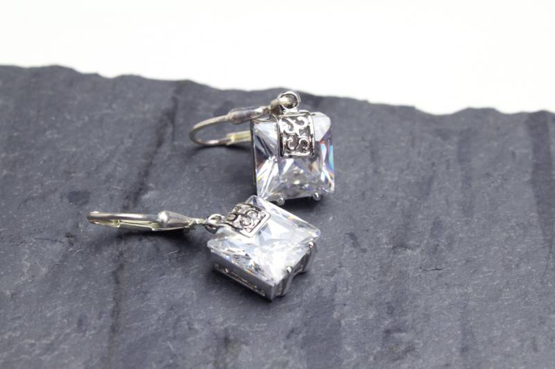 sterling Silber Quadrat Cut Zirkonia Baumeln Tropfen Ohrringe von Ronnie7