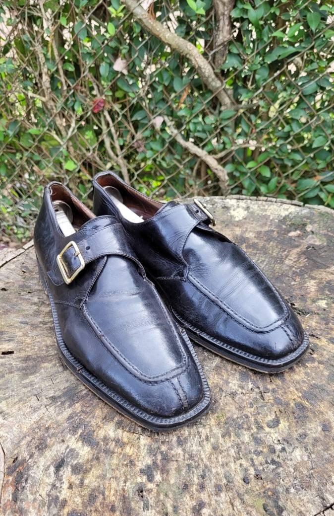 Vintage Herren Schwarz Leder Schnalle Schuhe Durch Quote Größe Eu 42 Us 9/Men Italian Made Kleid von RonniesVintageCloset