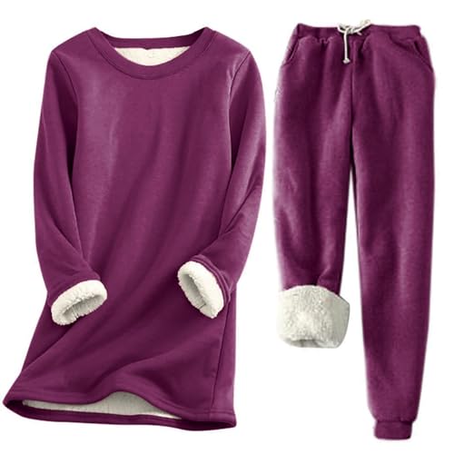 Ronony Damen Fleece Pyjama Set Zweiteiliger Plüsch Futter Sleepwear und Pyjamahose 2-teiliges Schlafanzug Damen Lang Kuschelig Loungewear Warm Winter Flauschig Freizeitanzug Nachtwäsche Hausanzug von Ronony