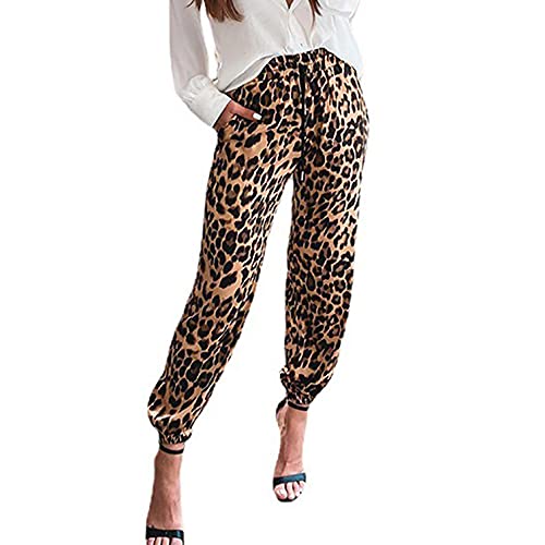 Ronony Damen Leopard Hose Casual Jogginghose High Waist Stoffhose Licht Freizeithose Elastischer Bund mit Kordelzug, Damen Freizeithose Leopardenmuster Sommer Herbst Hose Gummiband von Ronony