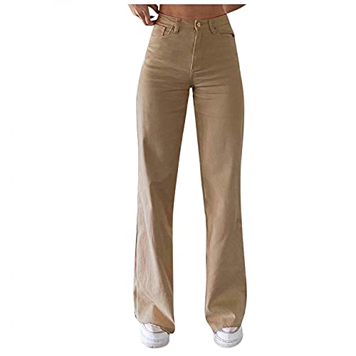 Ronony Damen Slim Jeans mit hoher Taille Flare Jeans Locker Hautfarbe Jeans Knopf Reißverschluss Hosen mit weitem Bein und Taschen Freizeithose von Ronony