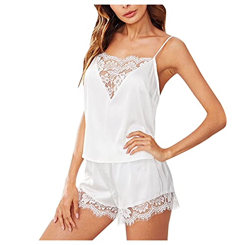 Ronony Damen Sling Pyjama Schlafanzug Mit Sexy SpitzennäHte Mit V-Ausschnitt Satin Camisole Und Shorts NachtwäSche Spitze Nightwear Damen Kurz Pyjama Set Spitze Spaghetti TräGer Babydoll 2 Teiler Set von Ronony