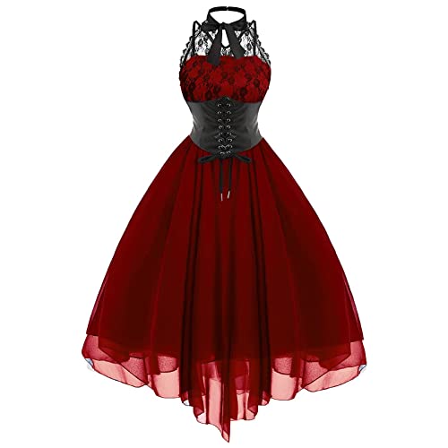 Ronony Kleid Sommer Kurz Damen Prinzessin Spitze Frauen reizvolles Gerichtskleid Vintage-Kleidung Mini-Ärmellose Retro-Frauenkleid Wickelkleider Damen von Ronony