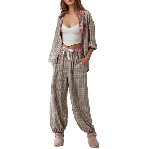 Ronony Schlafanzug Damen Lang Pyjama Set Zweiteiliger Knopfleiste V-Ausschnitt Revers Schlafanzug Damen Lang Kuschelig Sleepwear Bequemer Oberteil und Pyjamahose Pyjama Set Soft Loungewear von Ronony