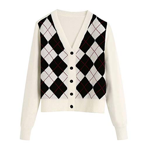 Ronony Sweatshirt Damen Ohne Kapuze Langarm Strickjacken Mit Argyle-Muster Retro Herbst Winter Kurzstrick England Stil V-Ausschnitt Sweater Strickn Bluse Crop Tops Sweater England Stil Pullover Top von Ronony