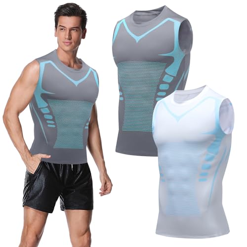 Ronronner 2 StüCk 2024 Ionic Shaping Weste, Ionic Shaping Herren Unterhemd, Bauchweg Herren, KöRperföRmig, Atmungsaktives Eis-Seiden-Gewebe - Sportbekleidung FüR MäNner (Gray + White, 3XL) von Ronronner