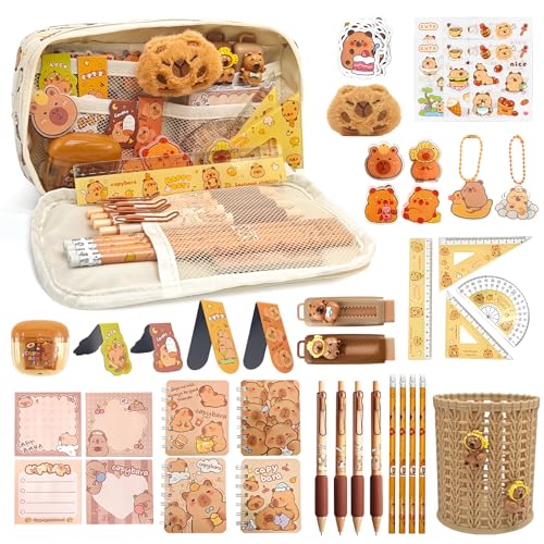 Ronronner 72 Stück Capybara Schreibwaren Set, Capybara Federmäppchen mit Korb-Stifthalter, Federmäppchen, Heften & Schreibwaren - Geschenkset für Schule, Büro & Kunst für Junge und Mädchen von Ronronner