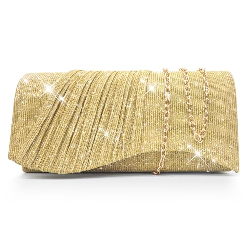 Ronronner Clutch, Clutch Bag, Kettentasche, Clutch Damen, Glitzer Abendtasche, Brauttasche, Handtasche Festlich und abnehmbarer Kette, Damen Clutch FüR Hochzeit Party Freizeit Date-Gold von Ronronner