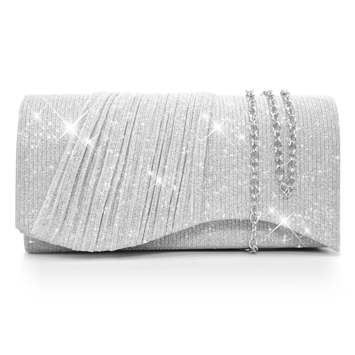 Ronronner Clutch, Clutch Bag, Kettentasche, Clutch Damen, Glitzer Abendtasche, Brauttasche, Handtasche Festlich und abnehmbarer Kette, Damen Clutch FüR Hochzeit Party Freizeit Date-Silber von Ronronner