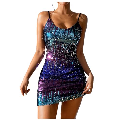 Glitzer Kleid Damen Elegante Paillettenkleid Bunter Bodycon Kleid Sexy Strapskleid Mode Abendkleider Rockabilly Hüftkleid Schulterfrei Partykleid Festlich Cocktailkleid Party Rave Outfit von Roobeety