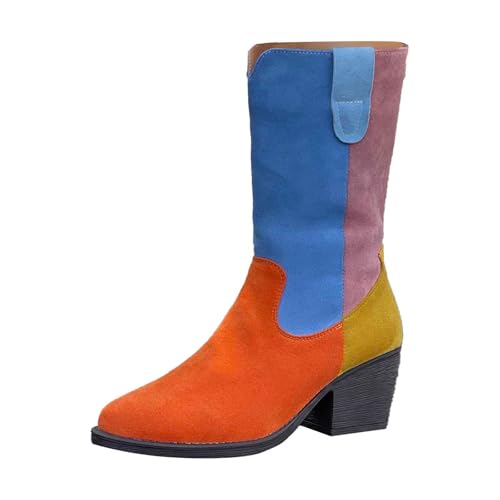 Roobeety Damen Cowboystiefel im Patchwork-Design - Bunte Westernstiefel mit Blockabsatz | Auffällige Stiefeletten für Festival und Party im Retro Look von Roobeety