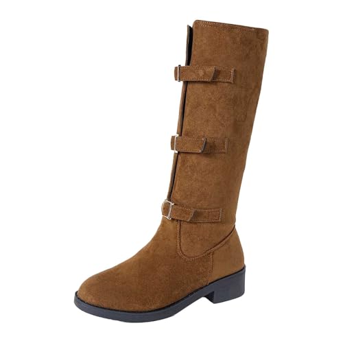 Roobeety Damen Kniehohe Stiefel mit Schnallen-Details | Elegante Reiterstiefel mit Blockabsatz für Herbst und Winter im Klassischen Stil von Roobeety