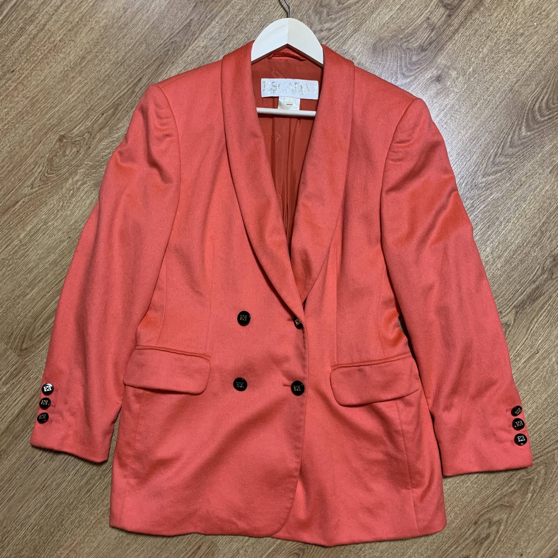 Vintage Escada Margaretha Ley Doppelbrust Angora Koralle Wolle Blazer Jacke Größe 38 M von RoomOfClothing