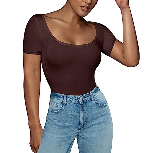 RoomTour Body Damen Elegant Kurz Bodys for damen Bodysuit Tops for damen Stringbody Runder Kragen braun XL von RoomTour